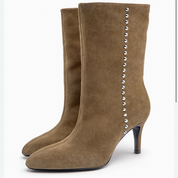 Zara Shoes - Zara Suede Studded Tan Heeled Boots - NWT - Size EU40